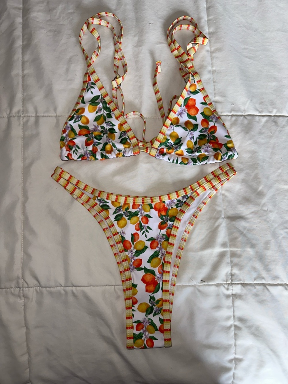 SHEIN White Citrus Print Triangle Bikini with Yellow Trim